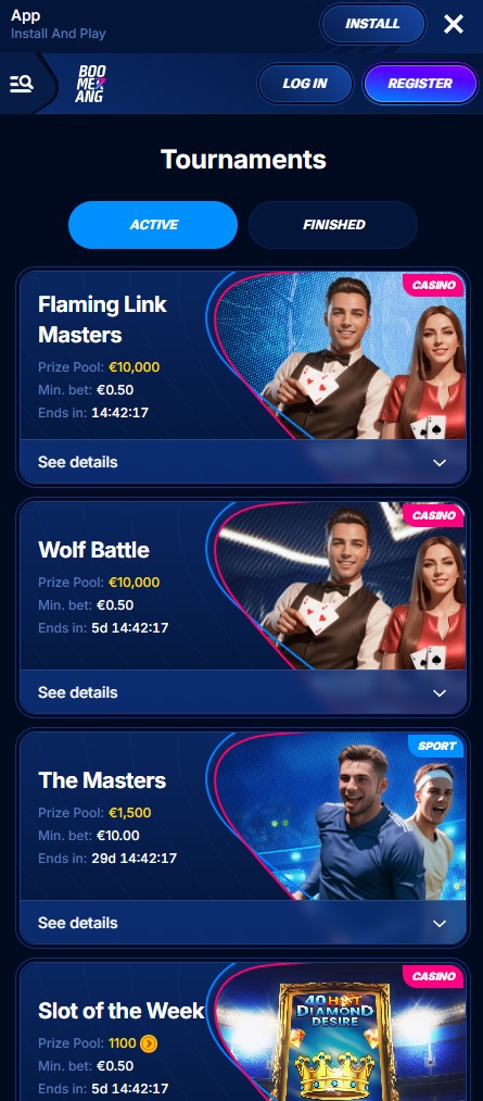 Přehled turnajů na mobilním telefonu v Boomerang Casino